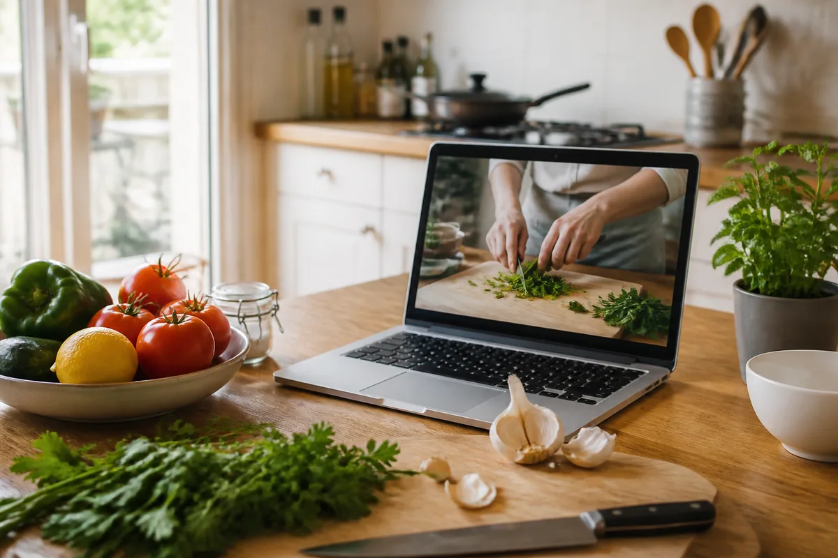 Un plan de travail de cuisine avec un ordinateur affichant une vidéo de recette, ingrédients et ustensiles autour.