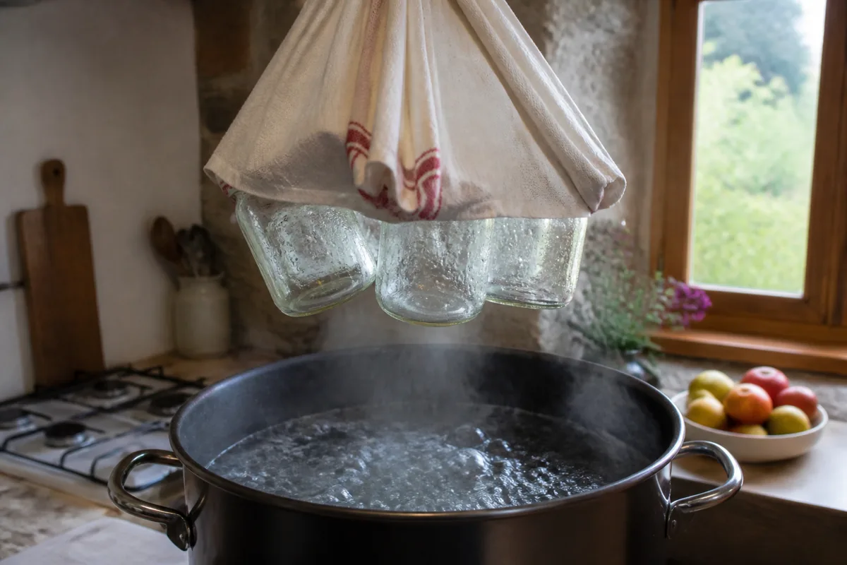 Cuisine avec casserole d'eau bouillante et bocaux en verre en cours de stérilisation