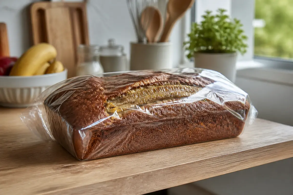 Banana bread emballé sur table de cuisine pour assurer la conservation du cake