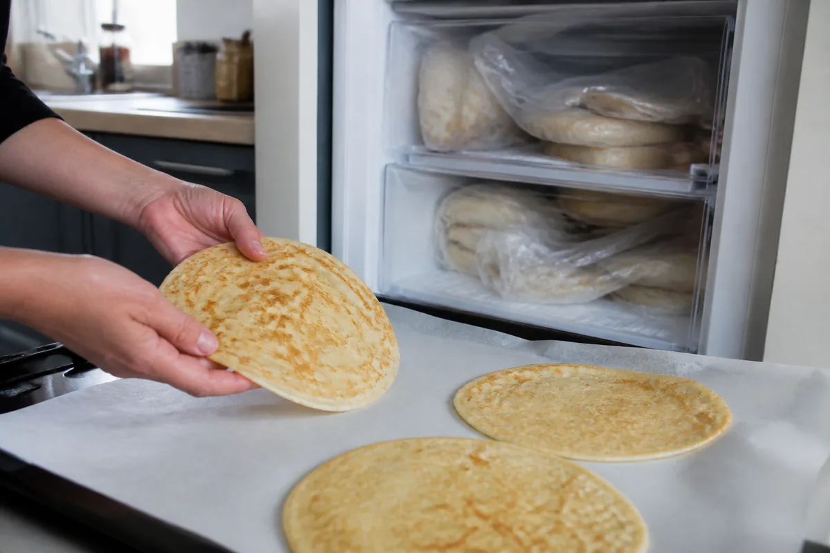 Mains préparant des crêpes pour congélation dans une cuisine avec congélateur