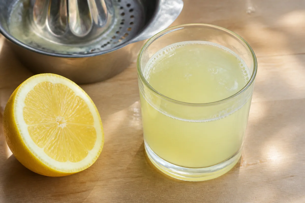 Verre de jus de citron frais avec citron coupé en deux et presse-agrumes posé sur une table en bois clair
