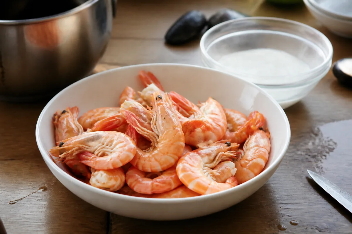 Bol de crevettes cuites roses sur une table en bois avec ustensiles de cuisine en arrière-plan