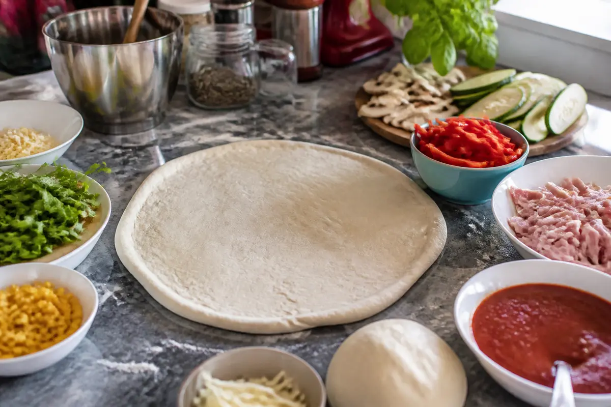 Ingrédients variés disposés autour d'une pâte à pizza prête à l'emploi sur la table