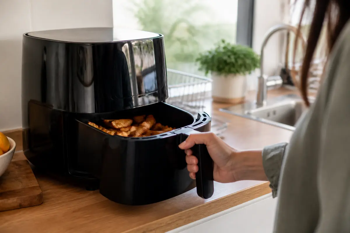 Femme utilisant une friteuse à air pour remplacer le micro-ondes en cuisine moderne