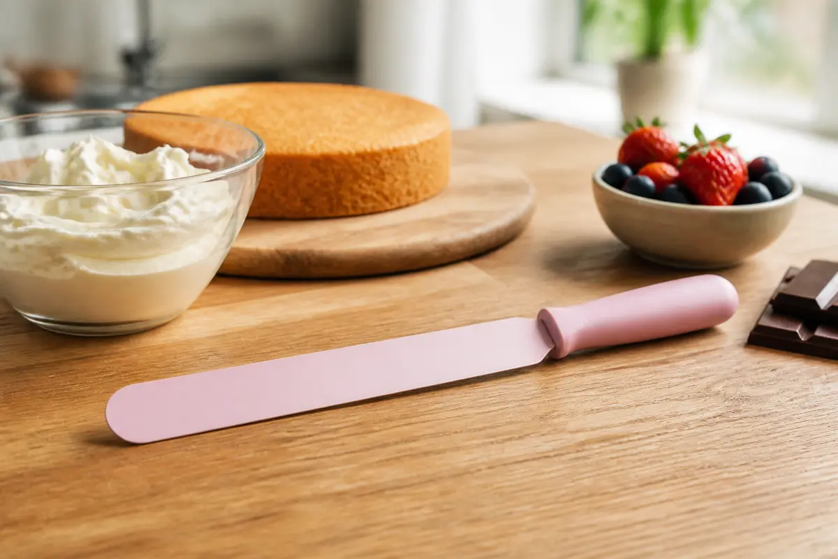 Gâteau, crème, fruits et spatule pour lisser gâteau sur une table de cuisine en bois