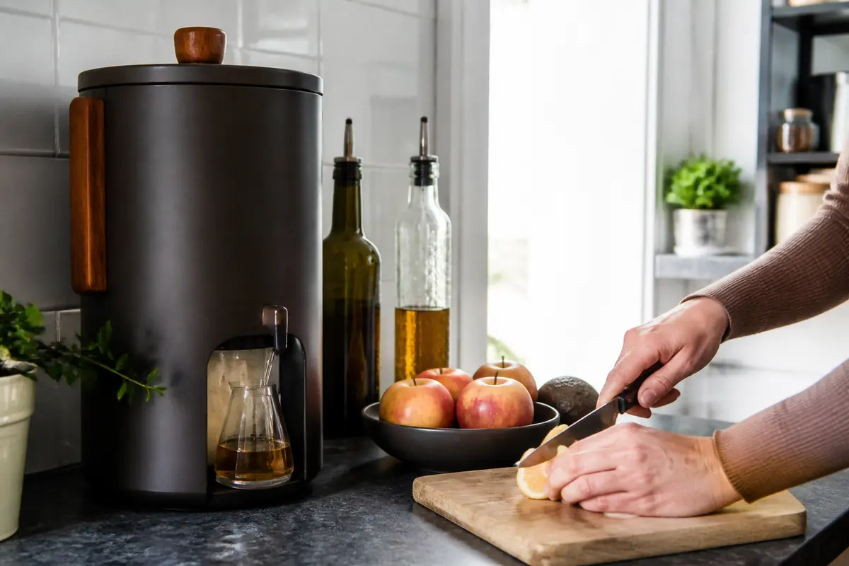 Personne découpant un fruit près d'un vinaigrier moderne Keep Up dans la cuisine
